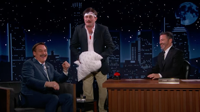 Jimmy Kimmel gently ruffles pillow and sedition salesman Mike Lindell