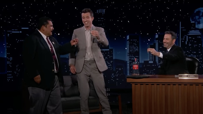 Rob McElhenney does shots while telling Jimmy Kimmel about getting high with Snoop