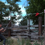 Rope dart maestro engages in mortal kombat with watermelon and soda cans