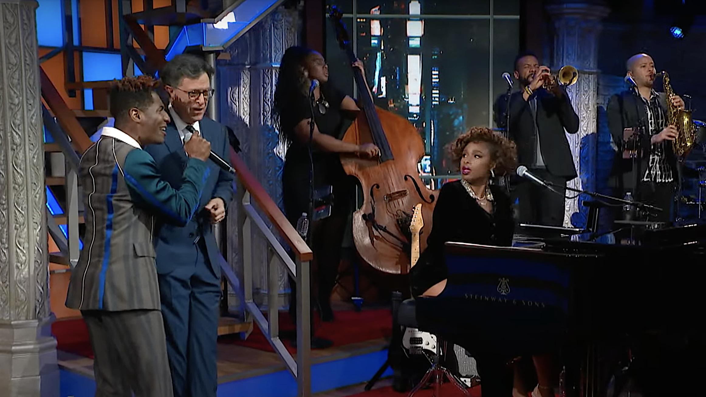 Jennifer Hudson gives Aretha lessons to Stephen Colbert and Jon Batiste on The Late Show