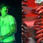 Musician plays Red Hot Chili Peppers on a bunch of red (presumably hot) chili peppers