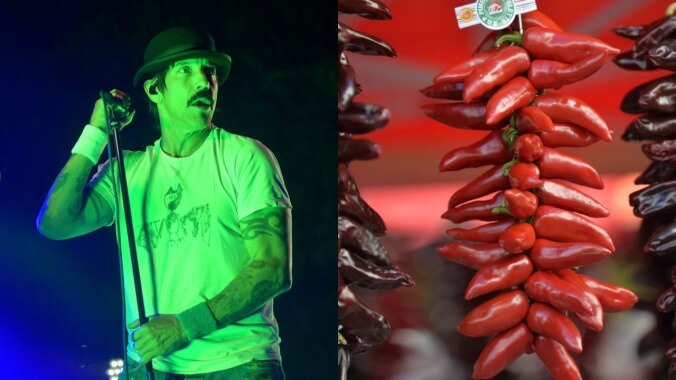 Musician plays Red Hot Chili Peppers on a bunch of red (presumably hot) chili peppers