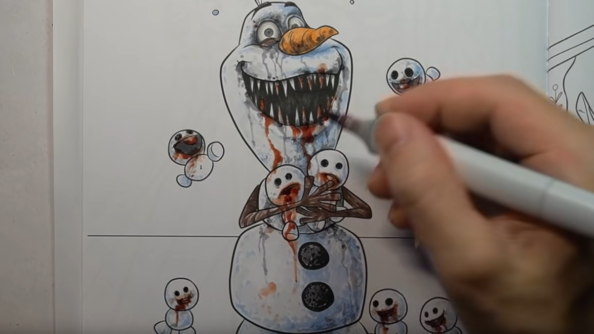 Watch a horror artist turn a Frozen coloring book into a catalog of terrors