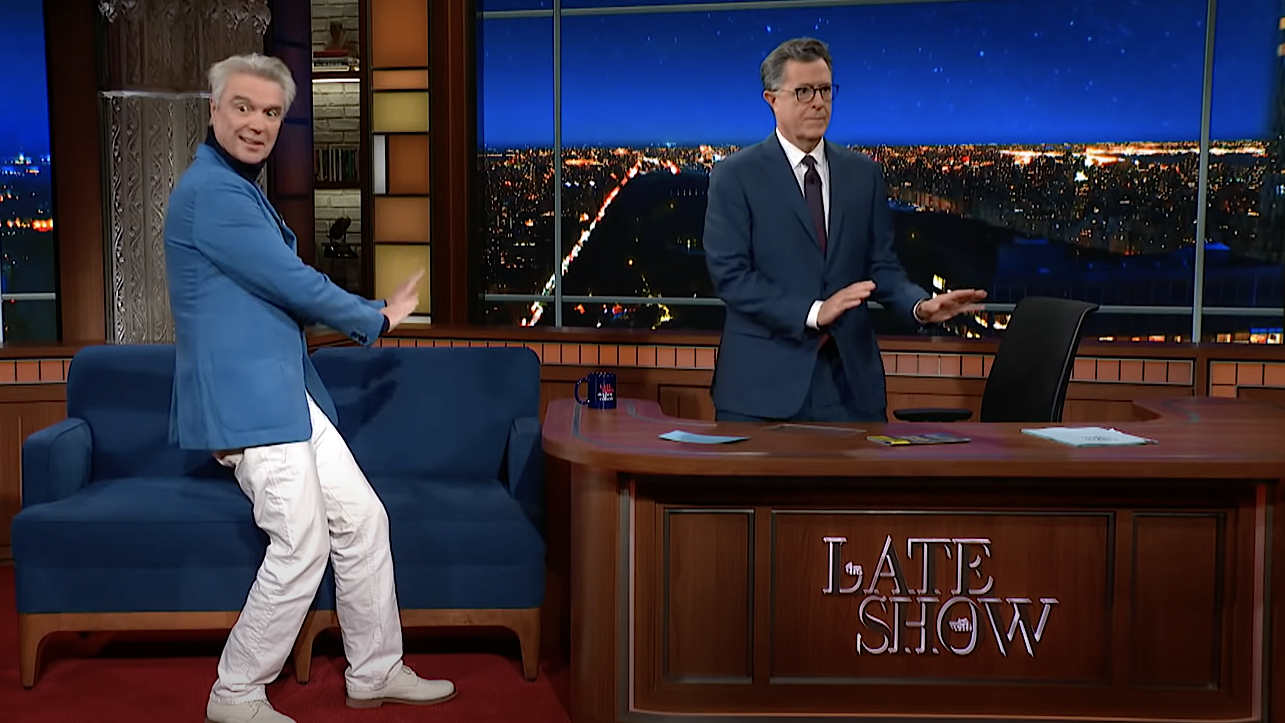 David Byrne teaches Stephen Colbert some aging entertainer dance moves