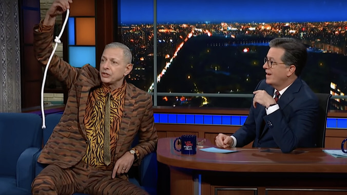 Jeff Goldblum does rope tricks for Stephen Colbert, never gets around to promoting anything