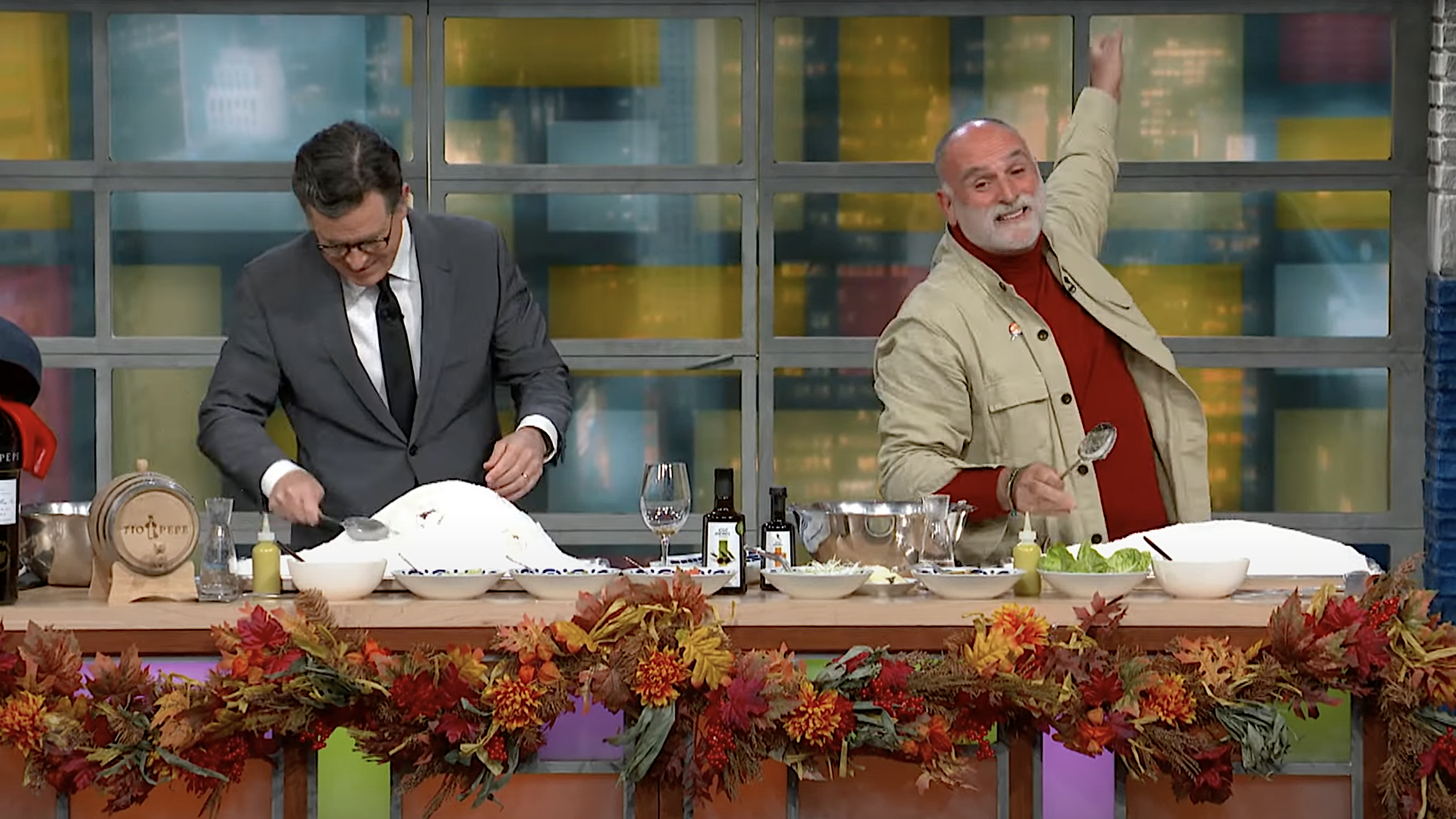 José Andrés and Stephen Colbert cook some Thanksgiving fish with their salt