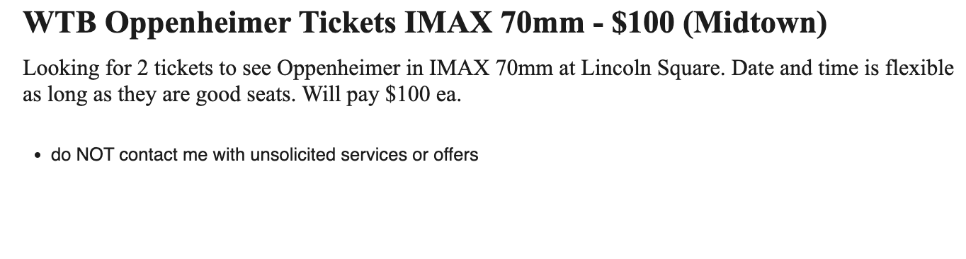 Oppenheimer fans on Craigslist are willing to spend $100+ for IMAX 70mm tickets