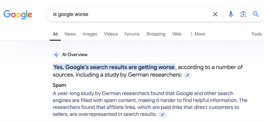 screenshot asking google is google worse, google AI responses Yes with sources