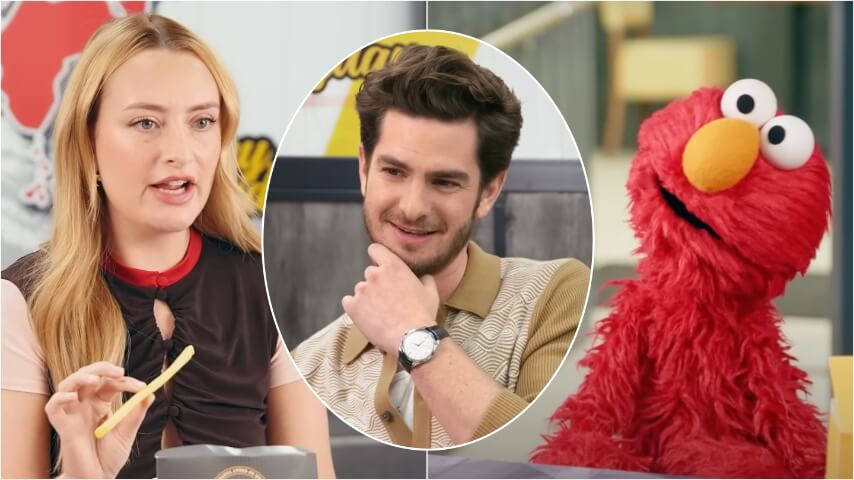 Elmo counsels Amelia Dimoldenberg about her Chicken Shop Date with Andrew Garfield