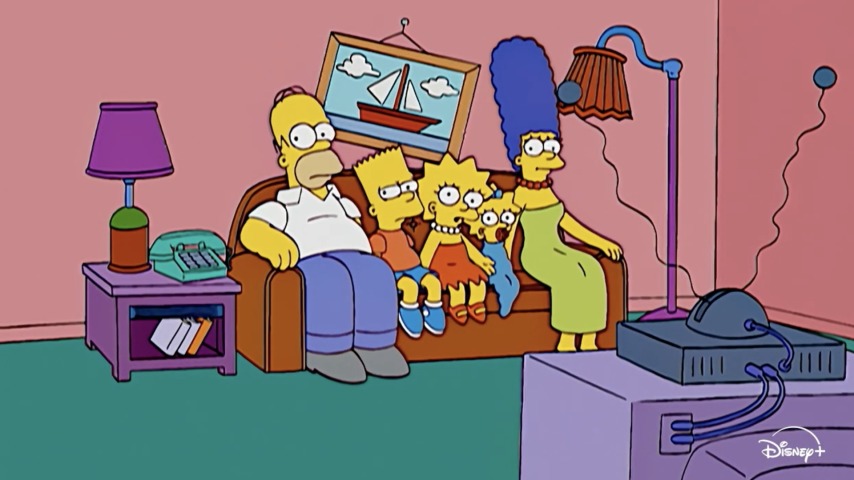 screenshot of the simpsons family sitting on the couch in episode intro - the simpsons stream announcement