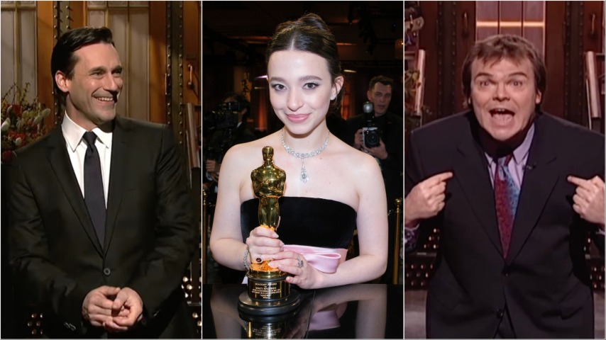 jon hamm doing SNL monologue, mikey madison with her oscar, and jack black doing snl monologue - mikey madison, jon hamm among upcoming saturday night live hosts