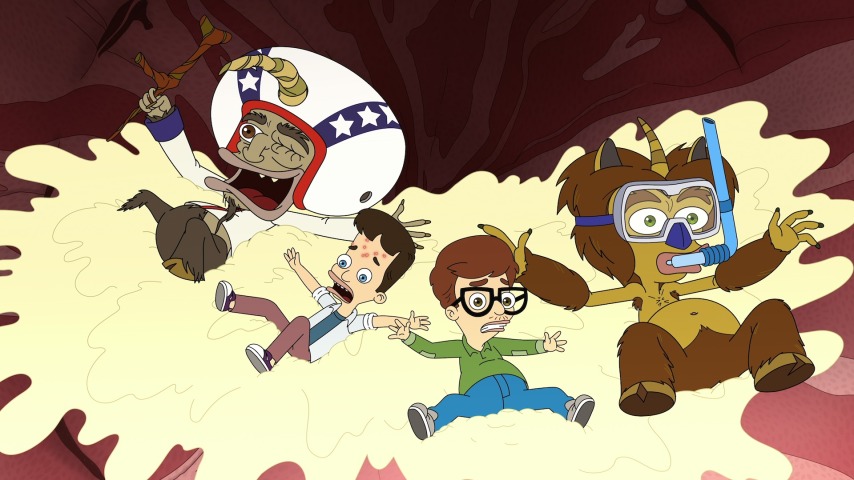 Big Mouth S8 (L to R) Nick Kroll as Rick the Hormone Monster, Nick Kroll as Nick Birch, John Mulaney as Andrew Glouberman, and Nick Kroll as Maury the Hormone Monster in Big Mouth S8. Cr. Courtesy of Netflix © 2025 - big mouth first look images