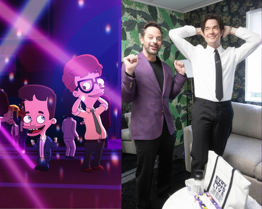 side-by-side of big mouth first look images of nick and andrew dancing with nick kroll and john mulaney doing the poses