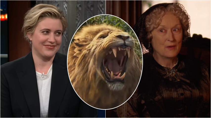 screenshots of greta gerwig in stephen colbert interview; aslan in chronicles of narnia: prince caspian trailer; and meryl streep in little women