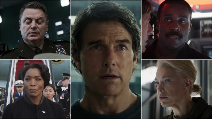 clockwise L-R: screenshots of nick offerman, tom cruise, tramell tillman, hannah waddingham, and angela bassett in mission: impossible—the final reckoning trailer
