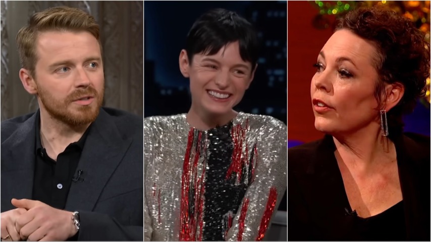 screenshot of jack lowden on stephen colbert, emma corrin on jimmy kimmel, and olivia colman on graham norton (pride and prejudice cast)