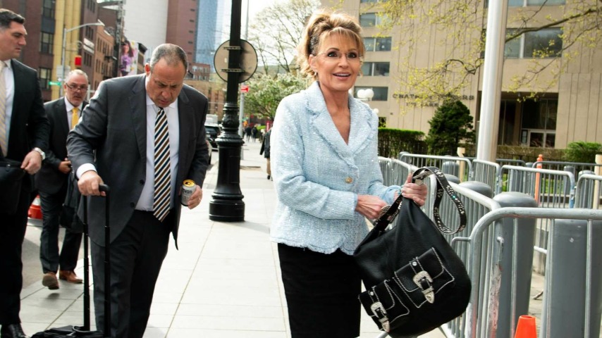NEW YORK, NY - APRIL 21: Sarah Palin is seen arriving to the U.S. District Court in downtown Manhattan on April 21, 2025 in New York City. (Photo by BG048/Bauer-Griffin/GC Images)