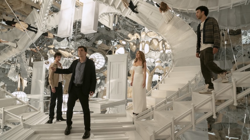 Dominic Sessa as Bosco, Jesse Eisenberg as Daniel Atlas, Isla Fisher as Henley Reeves, and Justice Smith as Charlie (Now You See Me: Now You Don’t trailer Photo Credit: Katalin Vermes)