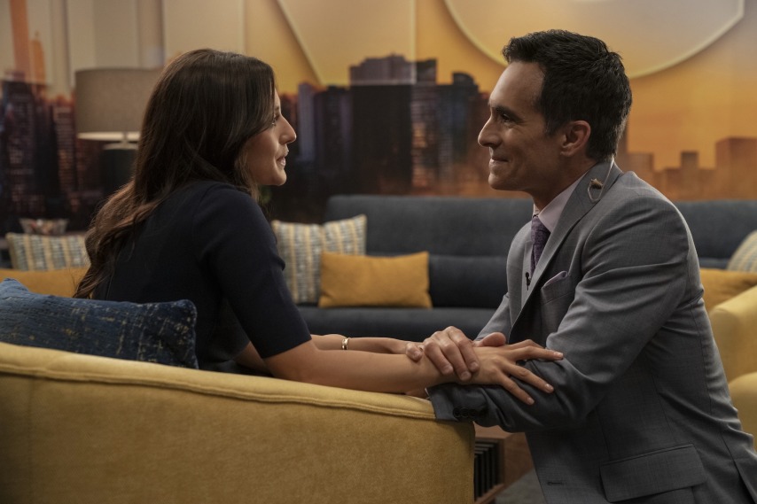 Woman and Nestor Carbonell in The Morning Show season four first look; Photo courtesy Apple