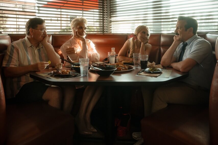 Jeremy Swift, Hannah Waddingham, Juno Temple, and Jason Sudeikis in Ted Lasso season four. (Photo courtesy Apple TV+)