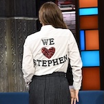 Drew Barrymore dances on the Late Show desk one last time for Stephen Colbert