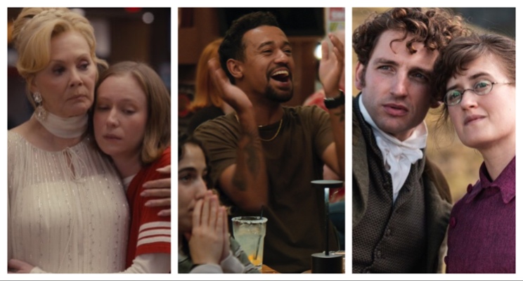 From left: Jean Smart and Hannah Einbinder embrace on Hacks, Anthony Norman applauds on Jury Duty, and Laurie Davidson directs Ella Bruccoleri's attention out of frame in The Other Bennet Sister