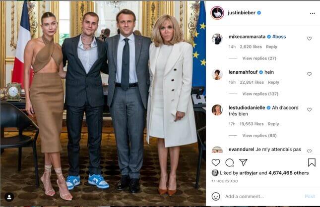 I Have Some Questions about Hailey Bieber's Outfit to Meet French President Emmanuel Macron