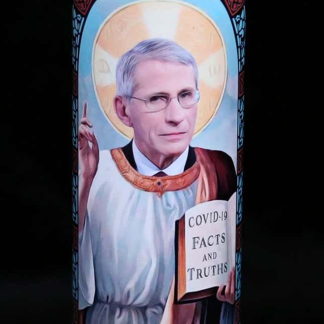 Patron Saint of Staying Home Prayer Candle, $15. Total sales: 21,605, verified “Etsy Bestseller.”