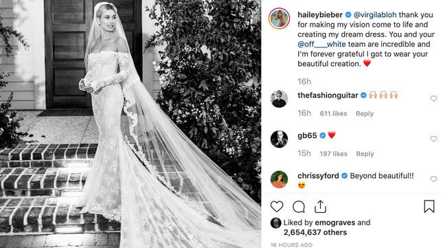 Hailey Bieber chose Virgil Abloh to design gown due to 'street style' |  Celebrity wedding dresses, Wedding dresses plus size, Dream wedding dresses