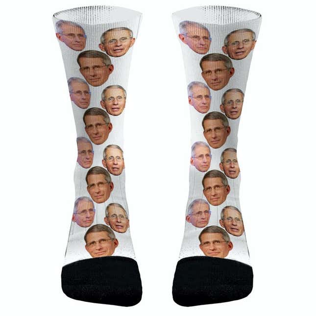 Dr. Fauci’s face funny long socks, $14.99. Total sales: 16,848, verified “Etsy Bestseller.”