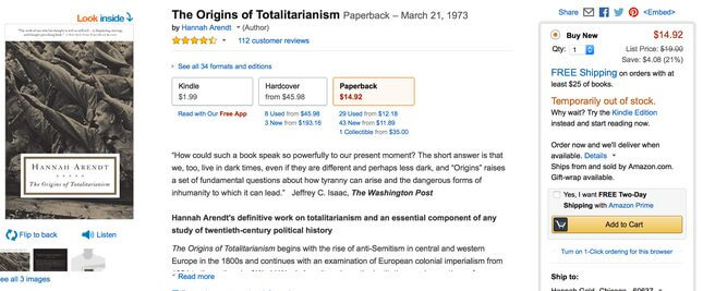 Amazon Needs to Restock Hannah Arendt’s The Origins of Totalitarianism