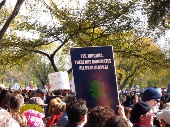 Protest sign that reads "Yes Virginia, there are moderates all over Alaska"