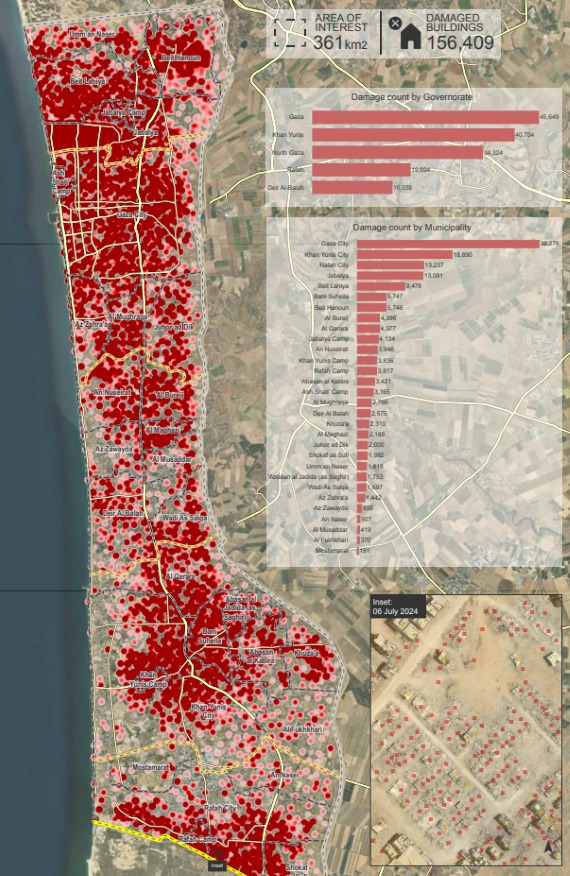 A map of Gaza with bombed areas marked by red dots, the vast majority of the map is red and the majority of the red is dark red, indicating the more heavily bombed areas