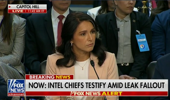 Tulsi Gabbard looking like whatever her version of shameful is to my poker player eye