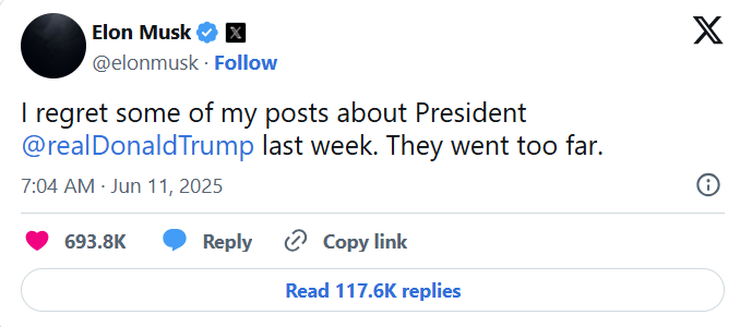 Elon Musk post: I regret some of my posts about President Trump last week. They went too far.