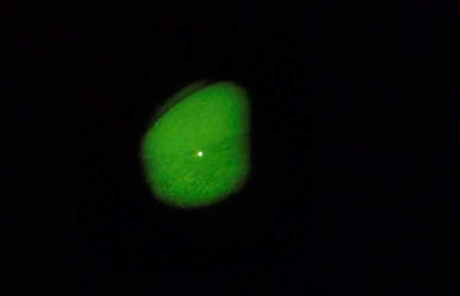 Light on a mountain shot through night vision goggles