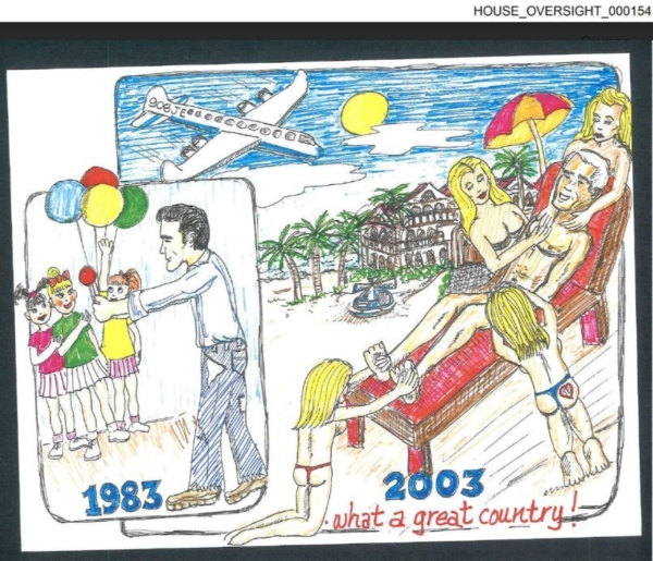 Two frame comic where the first frame is 1983, and Epstein is giving balloons to a group of little girls, then the right frame is 2003 where four young girls are massaging Epstein on the beach with "what a great country!" scrawled on the bottom