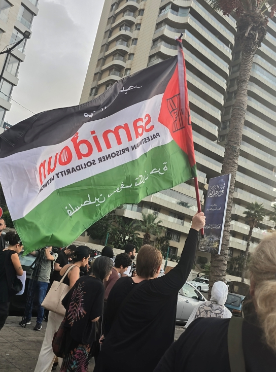 The Palestinian flag with the Palestinian Prisoner Solidarity Network on it