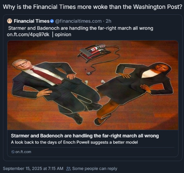 Bluesky post asking why is the Financial Times more woke than The Washington Post? quoting a story slamming Starmer and Bannon for embracing right-wing protests