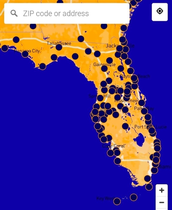 Map of Florida with dots representing No Kings protests all up the north, then about midway down, the middle of Florida doesn't have protests as they line the coasts all the way down to the southern islands