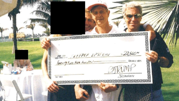 Photo of Epstein holding a novelty check with a woman's face blacked out next to him and on the check is Trump's signature for $22,500 directed to Epstein 