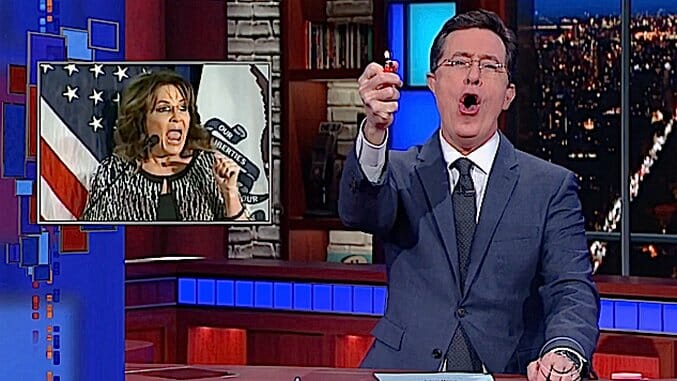 Watch a Giddy Stephen Colbert Welcome Sarah Palin Back to the Campaign Trail