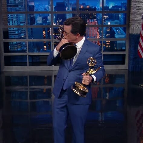 Stephen Colbert Goes Live After the Debate, Rubs His Emmys in Trump's Face