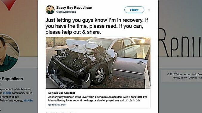 “Sassy Gay Republican” Laughs at Free Healthcare Until Insurance Raises His Rates After Supposed Car Accident