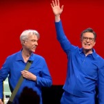 David Byrne and Stephen Colbert sing “Burning Down the House”